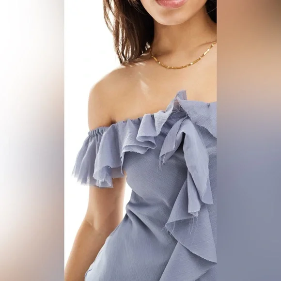 ASOS Dusty Blue Asymmetrical Ruffle Off-Shoulder Gown - Picture 4 of 9